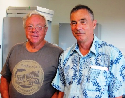 Chas Lake with Museum President Pat Day. Chas first surfed in the 1950s and was one of first New Zealanders to surf on a malibu board in 1959. In the 1960s he surfed at Manu Bay.