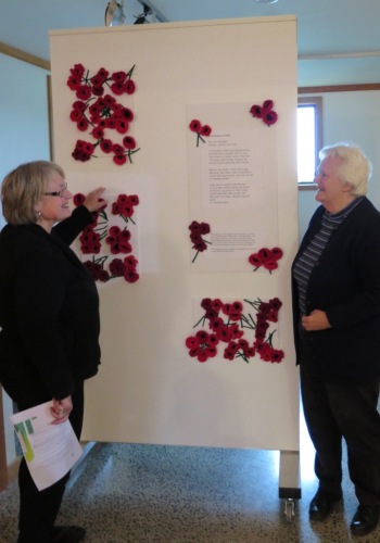 Wendy Coxhead and Virginia Gallagher, members of the Raglan Knitting Circle, review their exhibit